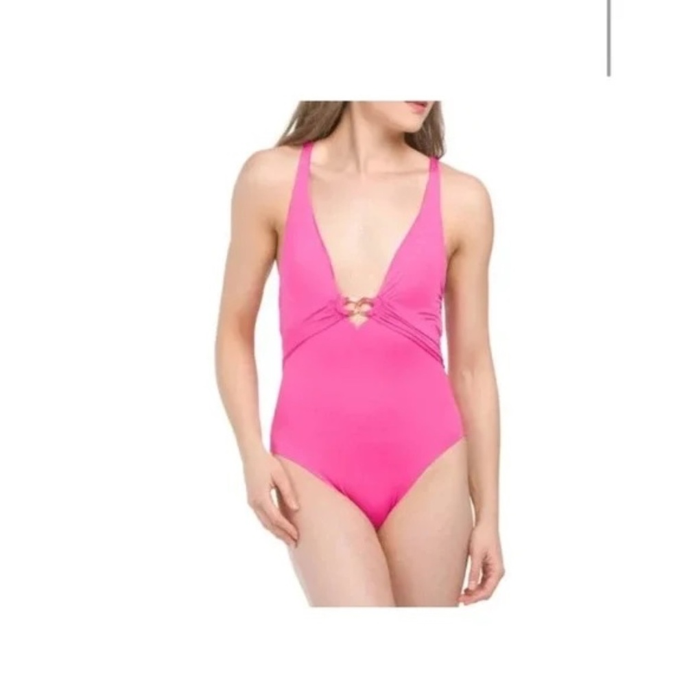 $162 - Trina Turk Monaco Chain Plunge One Piece Swimsuit in Rose Pink Size 10-12
